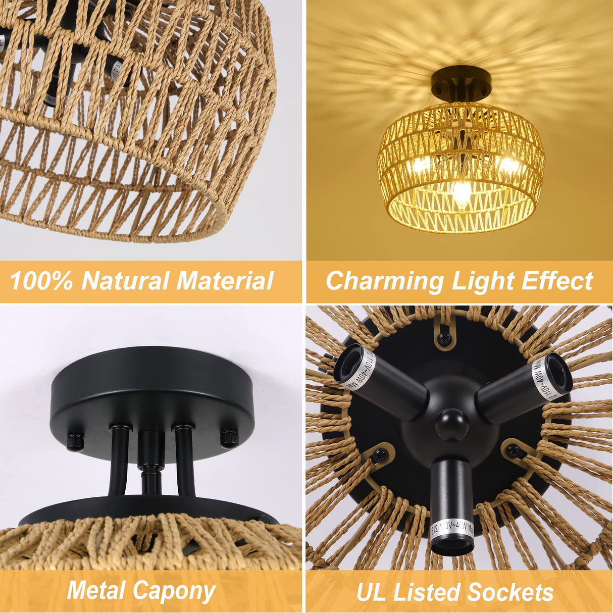 HMVPL Semi Flush Mount Ceiling Light, Rattan Light Fixture Ceiling Mount with Handmade Wicker Lampshade, 3-Lights Boho Chandelier, Woven Close to Ceiling Light for Bedroom Hallway Living Room Kitchen HMVPL