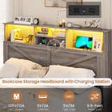 VIAGDO Farmhouse Bed Frame Queen Size with Bookcase Storage Headboard, Charging Station and LED Lights, Wooden Queen Bed Frame with 4 Drawers, Barn Door Design, No Box Spring Needed, No Noise, Grey VIAGDO