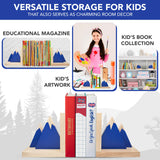 Decorably Blue Mountain Book Ends for Kids - 1 Set Non-Skid Wooden Bookends for Shelves, Book Ends for Boys Decorably