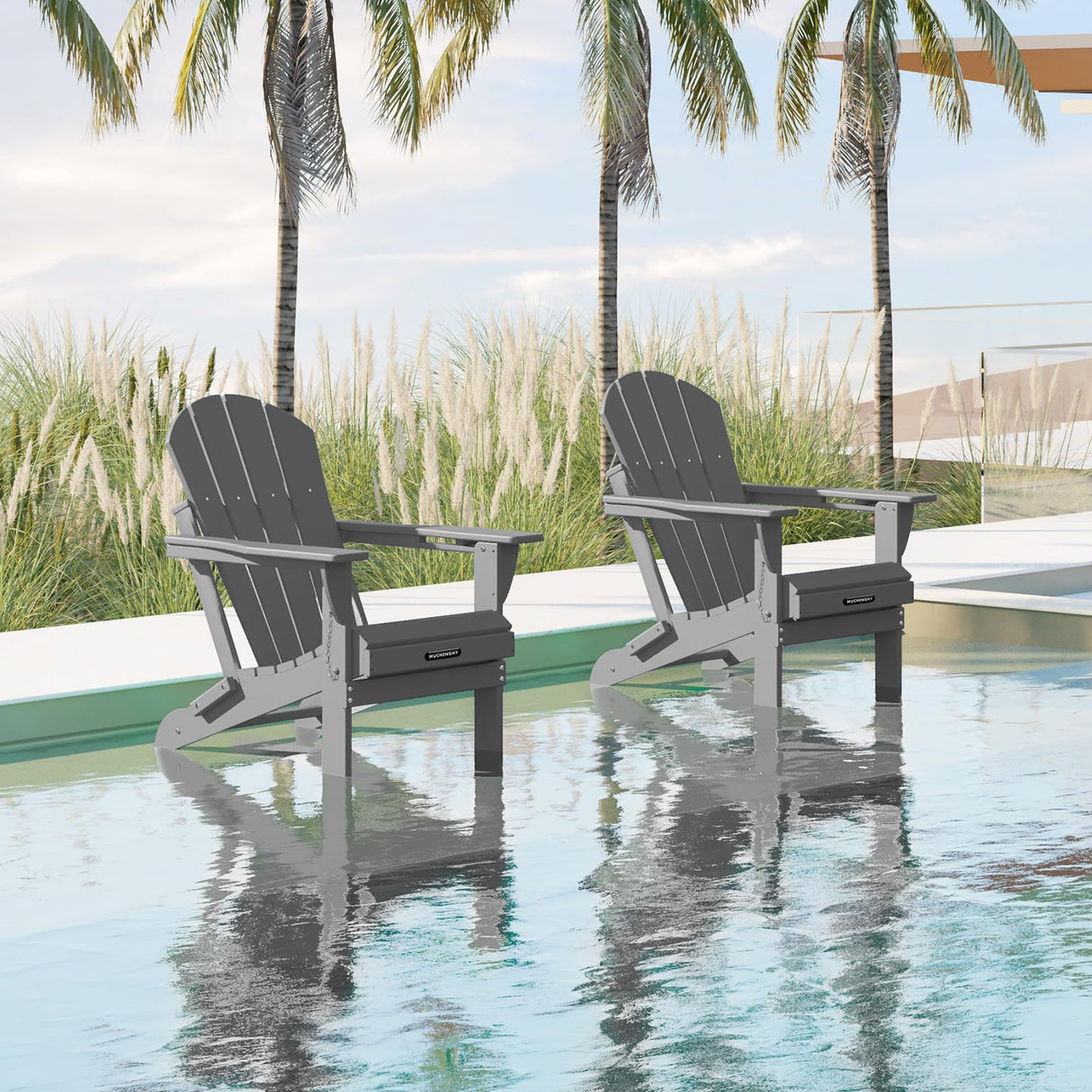 MUCHENGHY Folding Adirondack Chairs HDPE Weather Resistant, Patio Firepit Chairs, Sturdy Outside Chairs, Lawn Chairs, 15min Assembly 380lb Grey MUCHENGHY