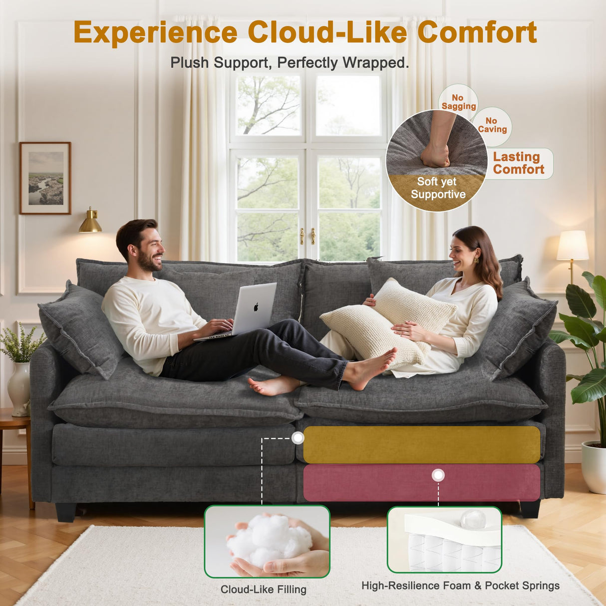 77" Cloud Chenille Sofa Set with Pillows, Deep Seat Loveseat Couch for Apartments, Space Saving 2-Seater with Solid Wood Frame, Easy Assembly (1YR Guarantee) MUDANT