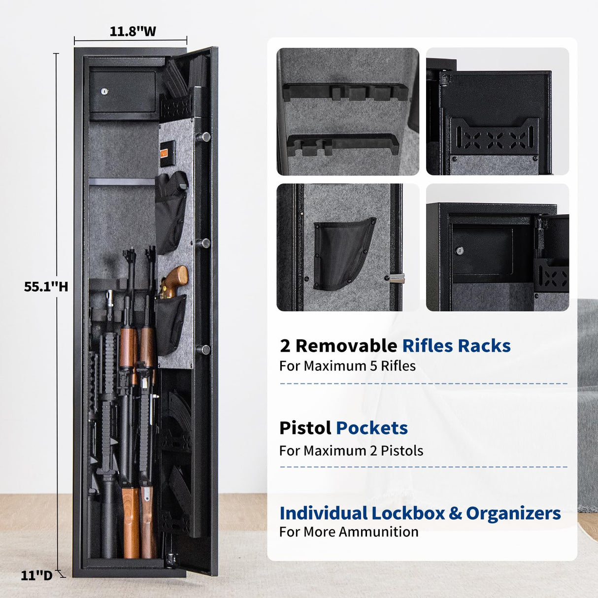 BlackSmith 5 Long Gun Safe Biometric Rifles Safe for Home Rifles and Pistols Quick Access Fingerprint Gun Cabinet Lockbox 2 Rifle Gun Rack Dual Alarm Password Memory Function 16 Gauge Alloy Steel BlackSmith