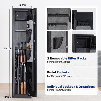 BlackSmith 5 Long Gun Safe Biometric Rifles Safe for Home Rifles and Pistols Quick Access Fingerprint Gun Cabinet Lockbox 2 Rifle Gun Rack Dual Alarm Password Memory Function 16 Gauge Alloy S - WoodArtSupply