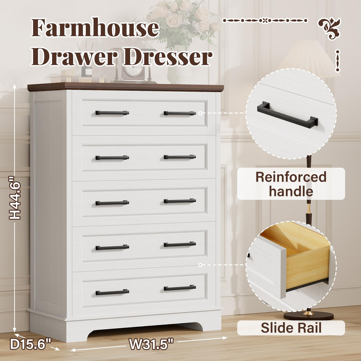 Furmax Farmhouse Dresser for Bedroom, 5 Drawers Dresser, Wood Chest of Drawers, 31.5" Wide Storage Dressers Organizer for Bedroom, Living Room (White and Brown) Furmax