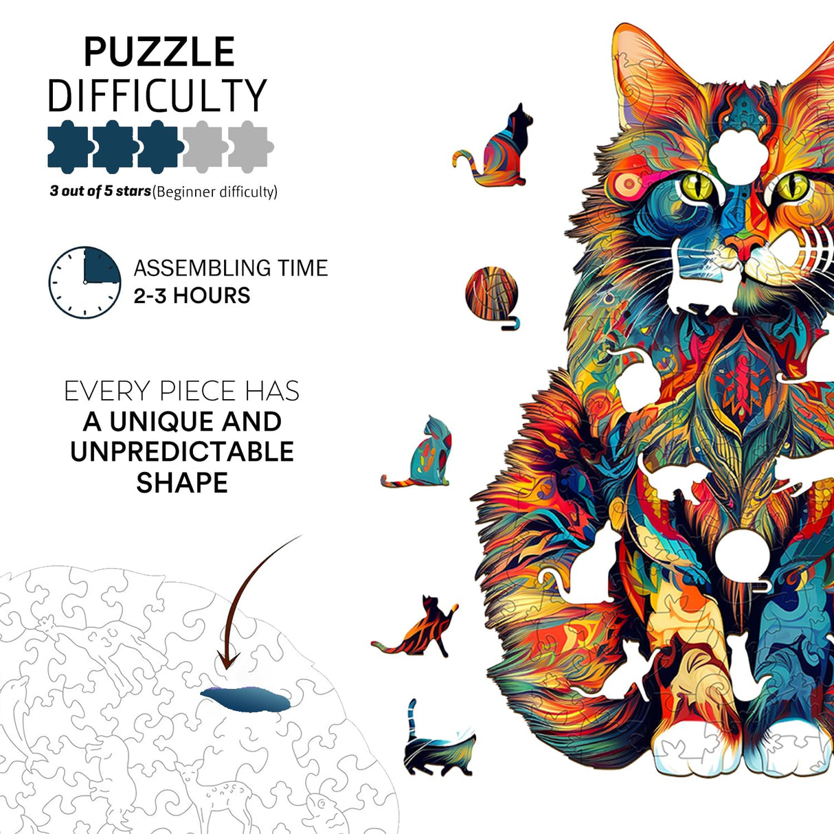 Jigfoxy Wooden Puzzle for Adults, Cat Wooden Jigsaw Puzzles for Adults, Unique Animal Shape Wood Cut Puzzles, Christmas Thanksgiving Gifts for Family Friend(S-8.3 * 6.6in-80pcs) Jigfoxy