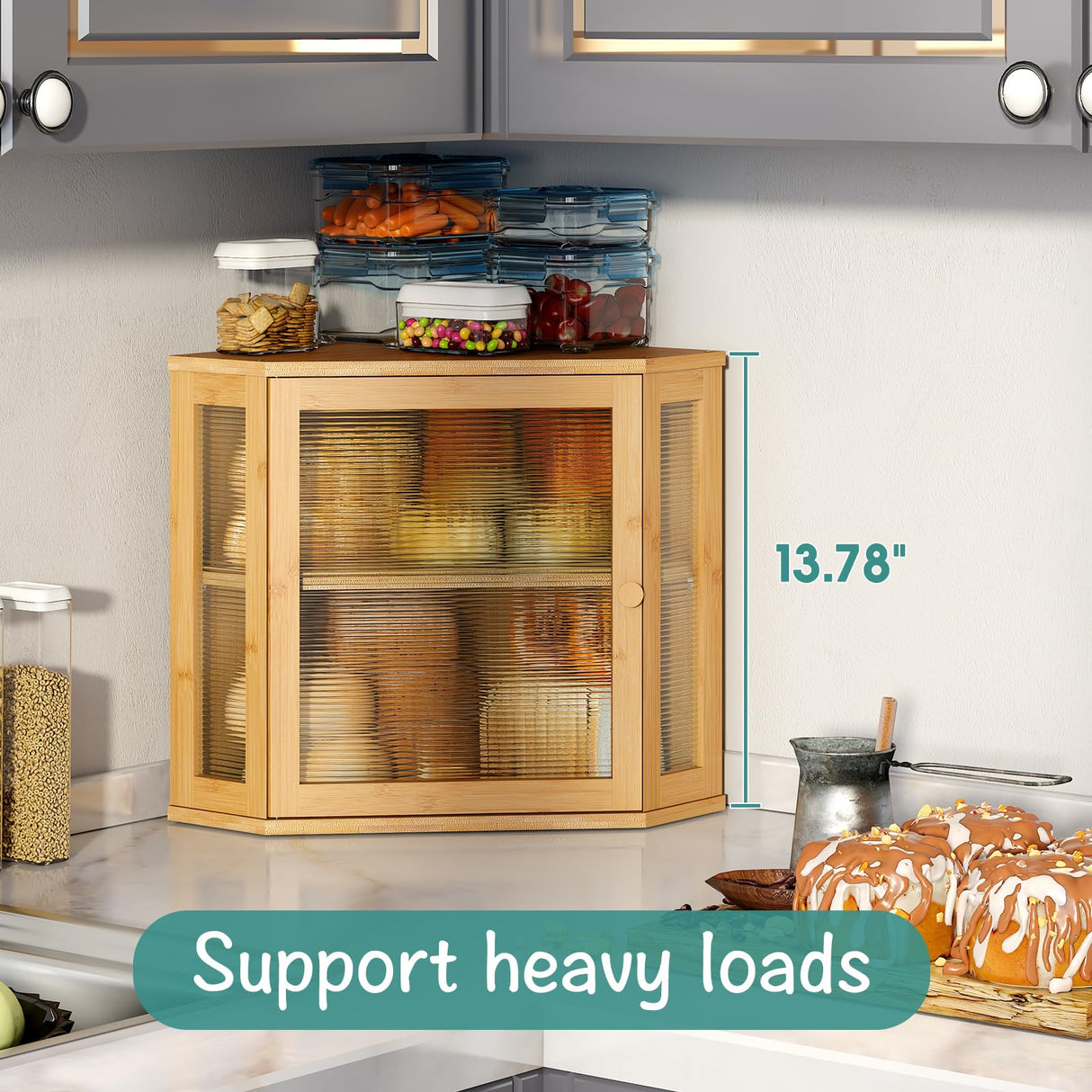 viewcare Corner Bread Box for Kitchen Counter, Bamboo Wood Large Capacity Bread Storage Bin with Acrylic Wavy Door Panel (Natural, Meduim) viewcare