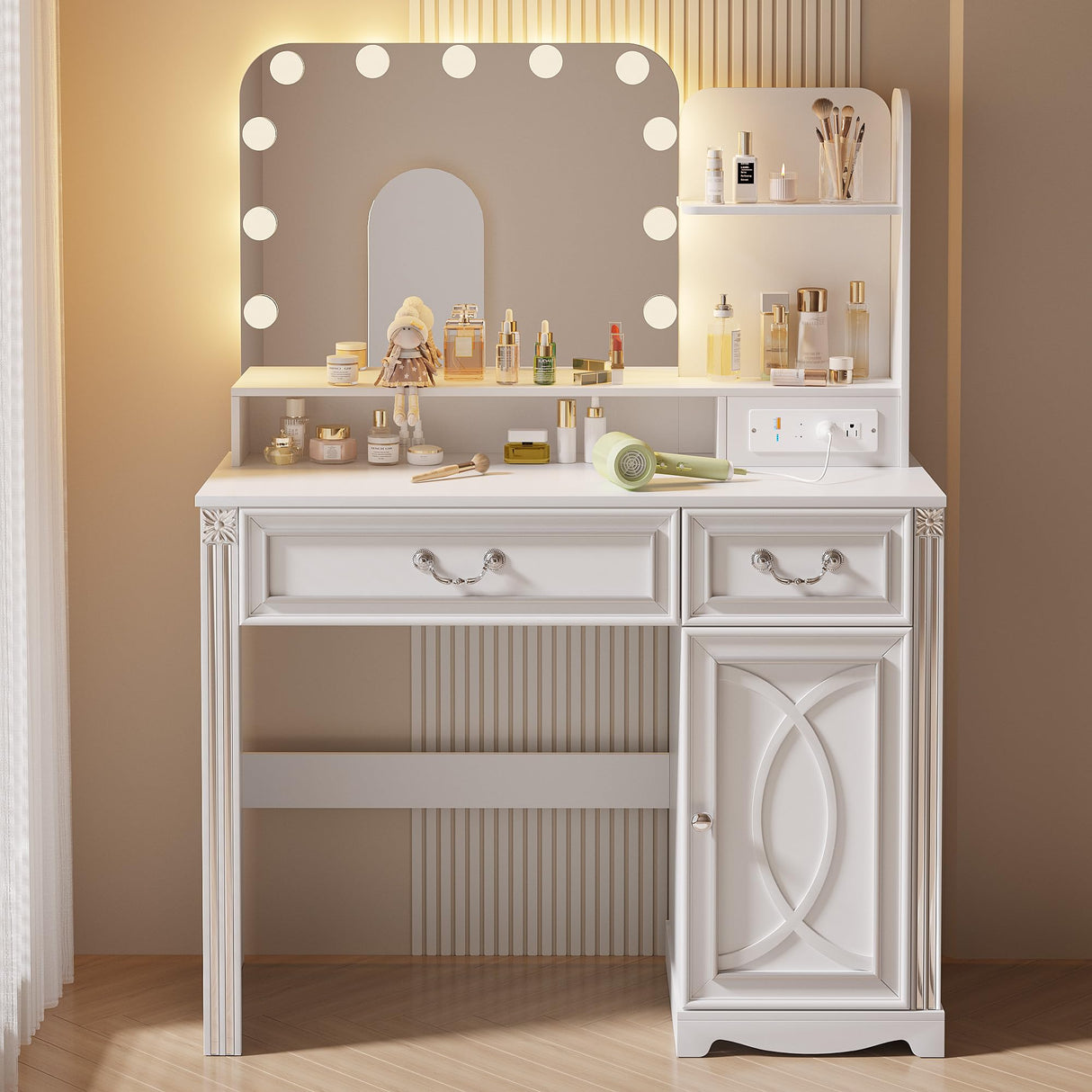 Ylued Vanity Desk with Mirror and Lights Power Outlet, 39 inch Makeup Vanity with Charging Station, Mid-Century Modern Dressing Table with 2 Drawers for Bedroom, White Ylued