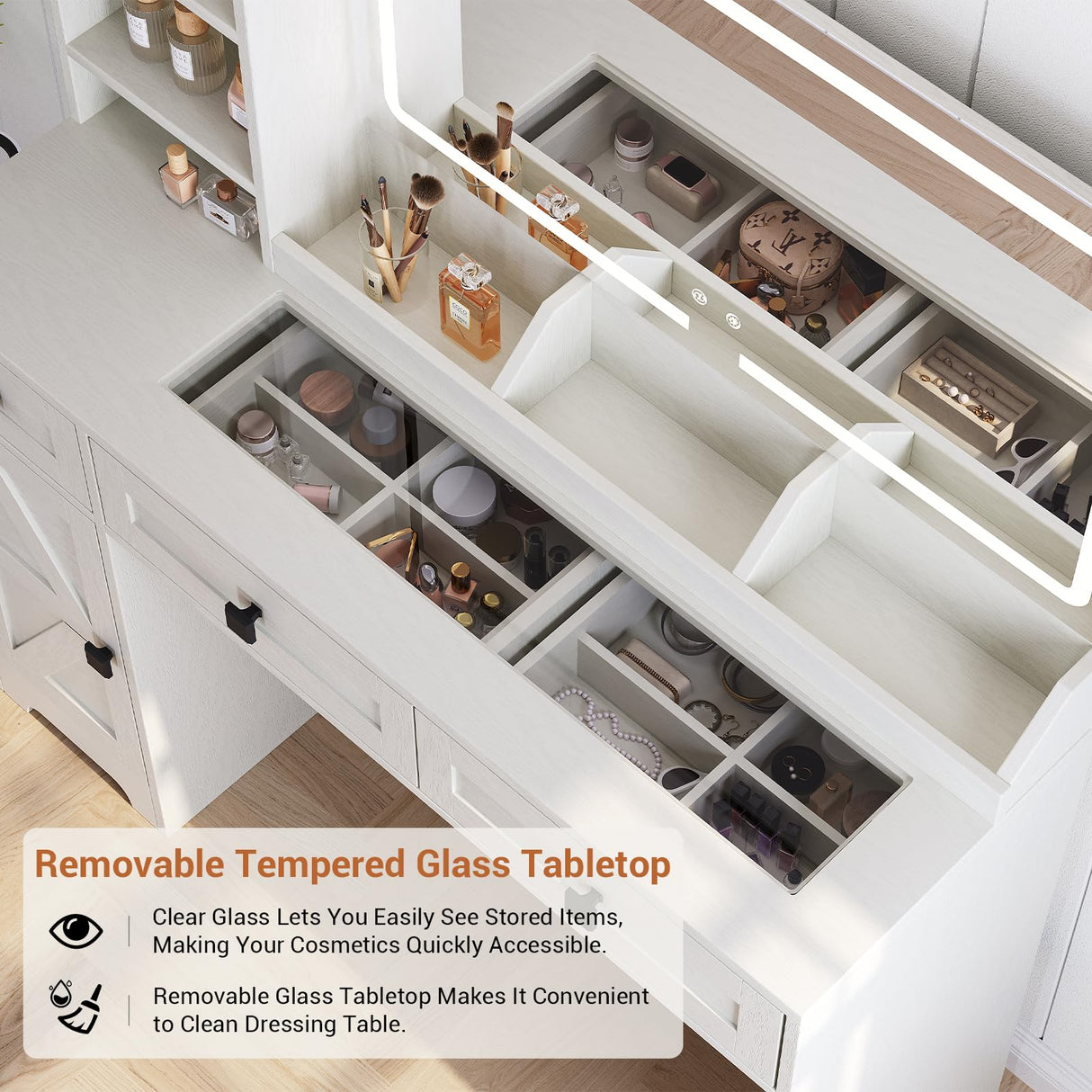 Seetech Farmhouse Makeup Vanity Desk with Mirror and Lights - 47.2" Dressing Table Set with Storage Stool, 3 Drawers, 6 Shelves, Cabinet, Power Outlet, for Bedroom, for Women, for Teen Girl, White Seetech