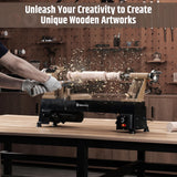 WOODSTARTER 12" x 18" Wood Turning Lathe, 1 HP Benchtop Woodworking Lathe with Variable Speed 650-3800 RPM, Dual-Function Design with Extension Ports for Belt Sander or Grinding Wheel or Rotary Kit WOODSTARTER