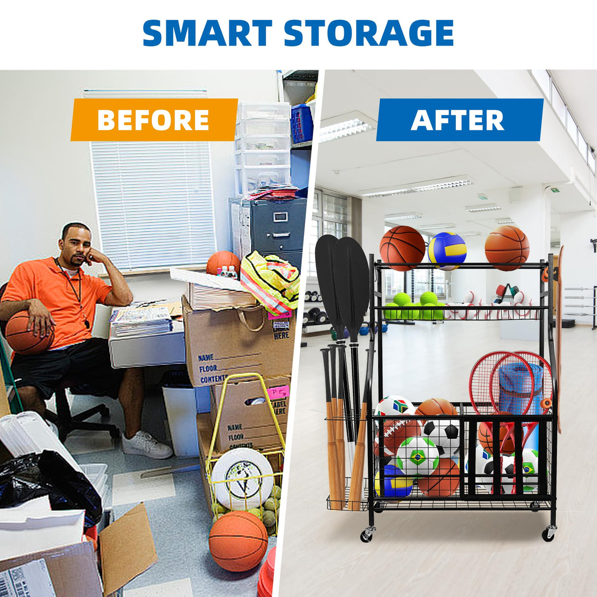 YOUNITA Garage Sports Equipment Organizer, Ball Storage Rack,Garage golf Organizer with Basket and Hooks,Rolling Sports Ball Storage Cart for Toy Gear Storage (45.71 inch) YOUNITA