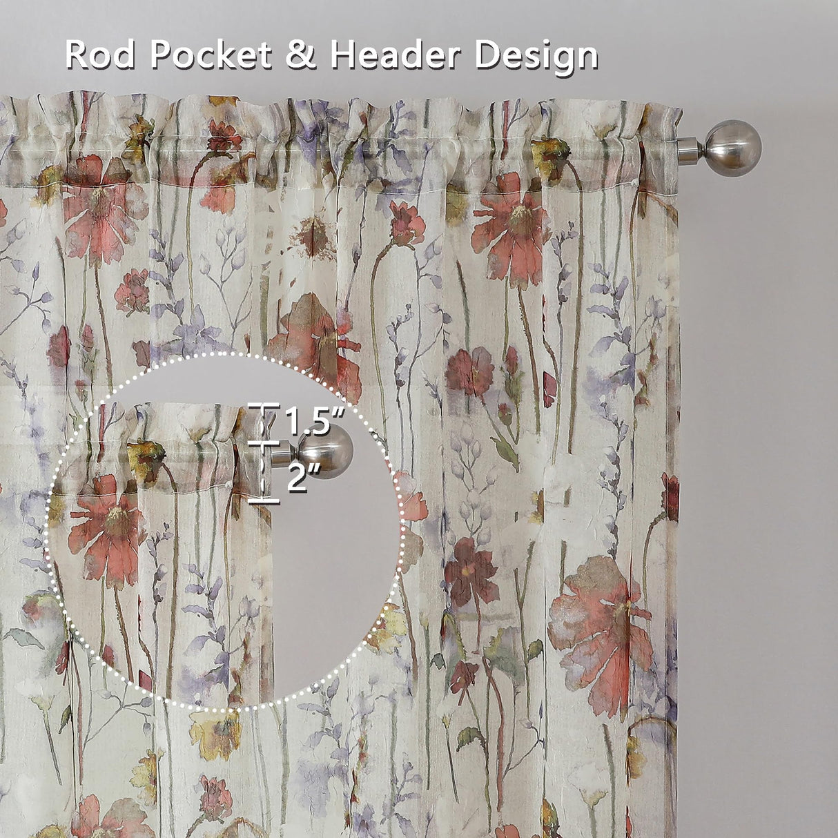 OWENIE Crushed Semi Sheer Curtains 72 Inches Length 2 Panels, Floral Pattern Design Rod Pocket Light Filtering Farmhouse Curtains for Bedroom Living Room, 2 Pieces Total 84 Inch Wide, 72 inch Long OWENIE