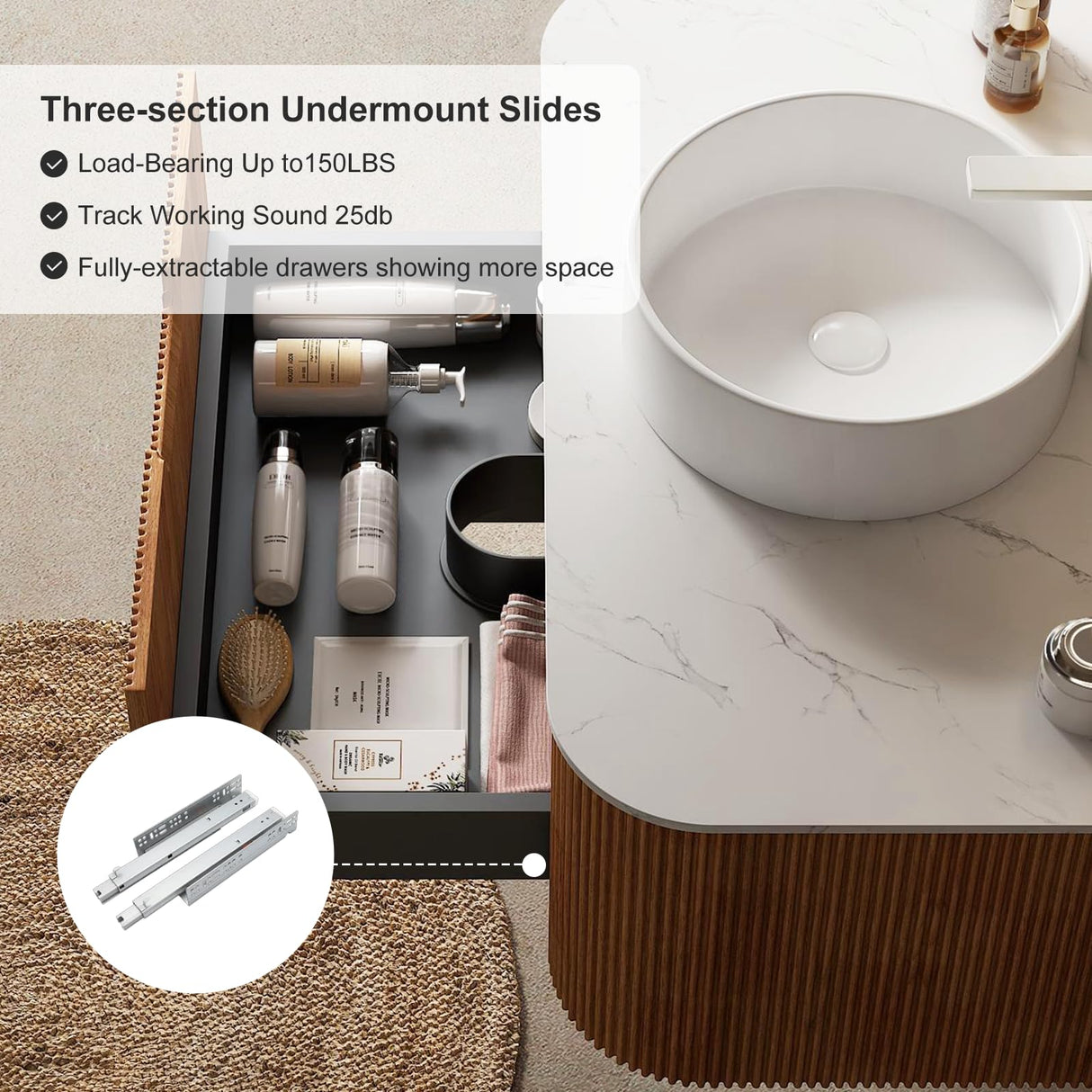 36 inch Bathroom Vanity with Sink, Floating Cabinet with Ultra-Thin Ceramic Basin and Marble Top, Large Storage Drawer, Soft-Close Design, Nature Wood AmbroVania