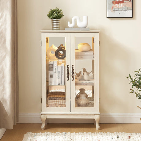 Awatiglou 2 Doors Curio Cabinet with Tempered Glass Doors, Curio Cabinets with Mirrored Back Panel and Adjustable Shelves, Lighted Display Cabinet for Home, Office Light Bulb Included White (White) Awatiglou