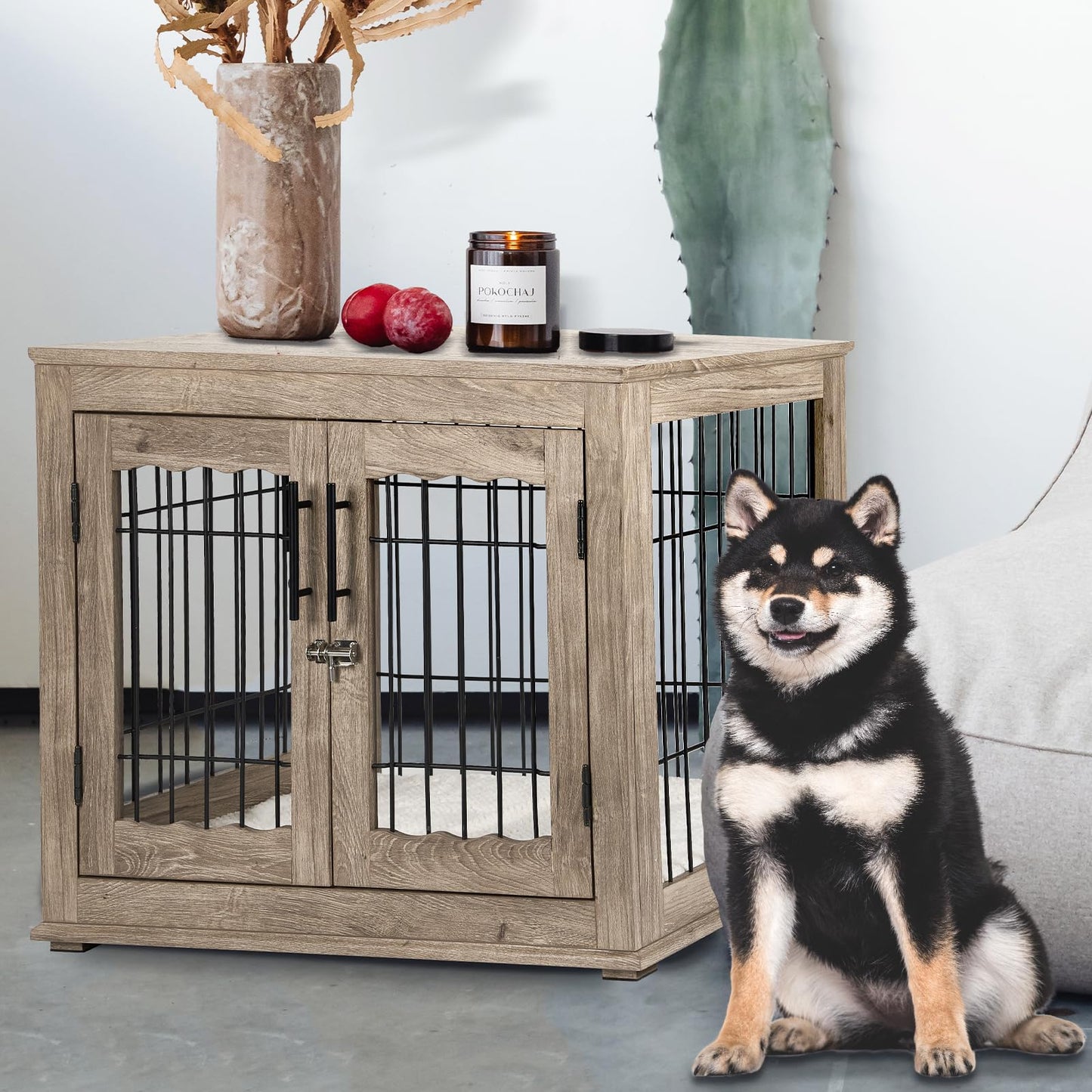 Upolana Dog Crate Furniture with Bed, Wooden Dog Kennel Furniture End Table Dog Crate with 3 Doors, Indoor Solid Wood Dog Cage - WoodArtSupply