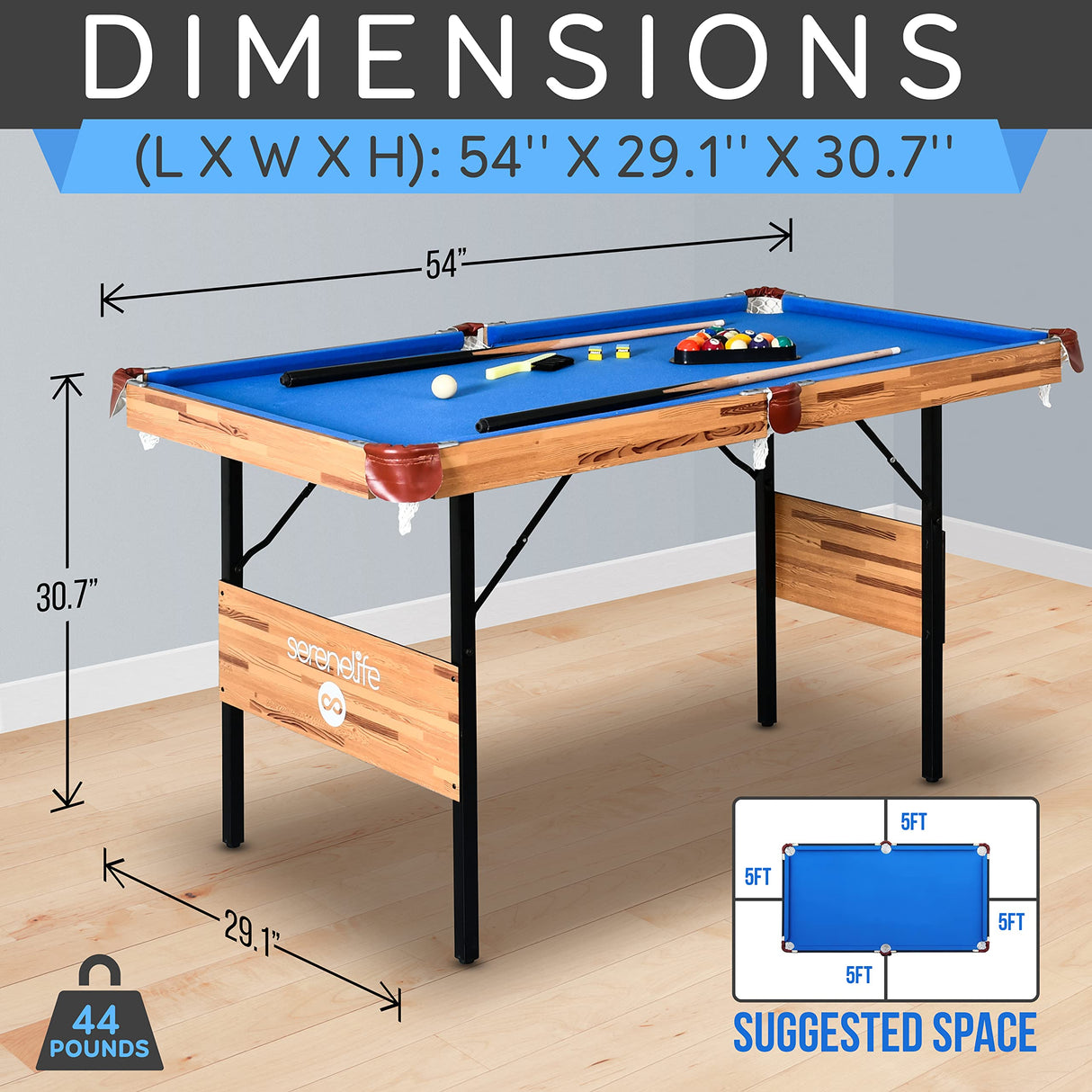 SereneLife 4.5ft Folding Pool Table, 54in Portable Foldable Billiards Game Table for Kids and Adults with Accessories, Indoor and Outdoor Games with Sticks, Cue, Balls and Triangle, Blue SereneLife