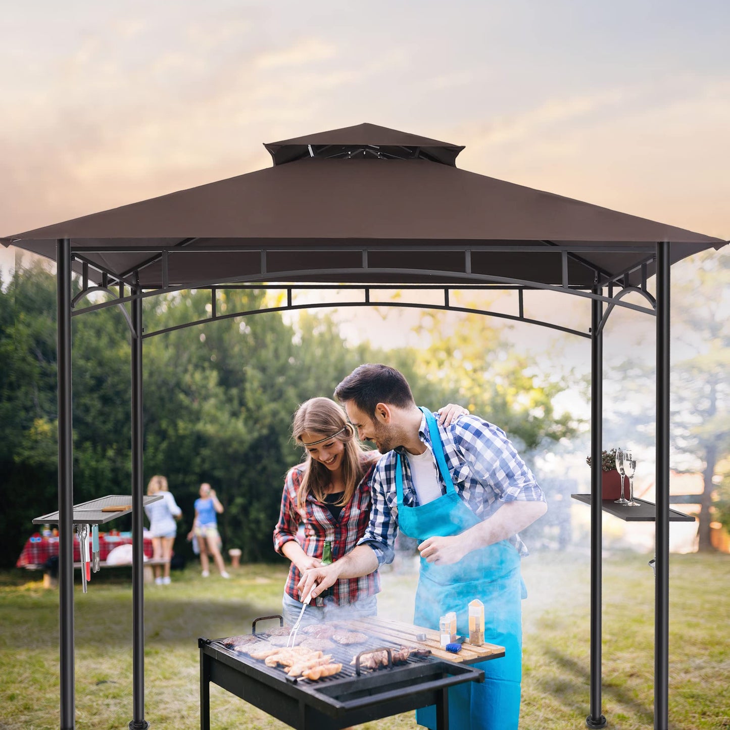 5x8ft Grill Gazebo Canopy for Patio, Outdoor BBQ Gazebo with Shelves & Extra 2 LED Light, (Brown) - WoodArtSupply