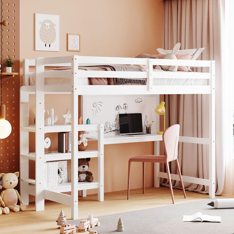 Merax Loft Bed Twin Size with Desk, Twin Loft Bed with Shelves and Writing Board for Kids, Boys or Girls, Wood Slat Support, No Box Spring Needed, White Merax