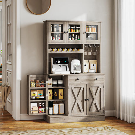 YITAHOME Kitchen Pantry Cabinet with Wine Rack & Power Outlet, 71" H Tall Storage Cabinet with Doors, Shelves, Drawer, Goblet Holder for Kitchen & Living Room (Grey) YITAHOME