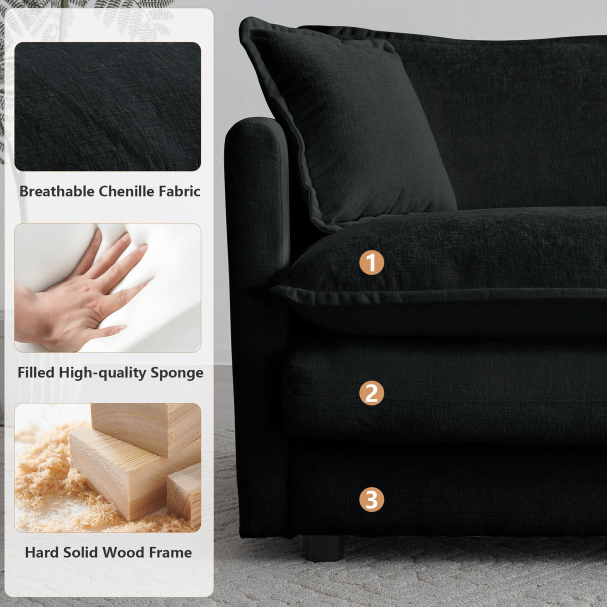 mikibama Luxury 2 Piece Cloud Couches Set, Modern Upholstered Chenille 3 Seater and Loveseat Sofa Set with 9 Pillow for Living Room Bedroom Office Apartment, Black mikibama