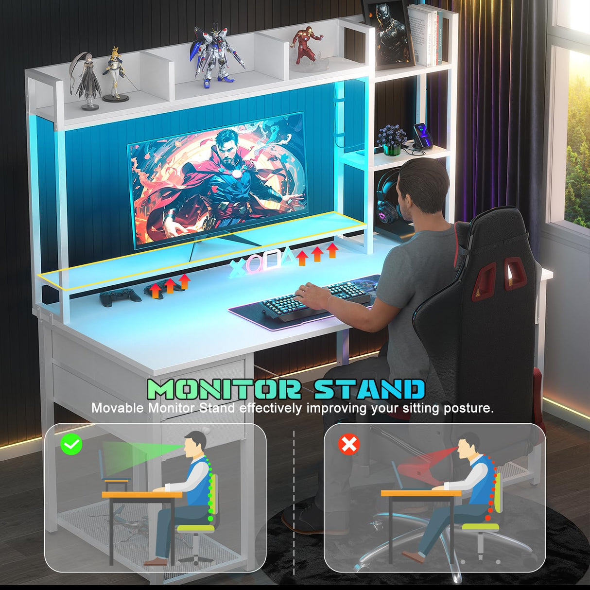 Aheaplus Desk with LED and Outlets, Gaming Desk with Hutch, 47.2'' Computer Desk with Drawers, Reversible Office Desk with Storage Bookshelf Large Workstation Desk with Shelf, Desk for Home, White Aheaplus