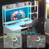 Aheaplus Desk with LED and Outlets, Gaming Desk with Hutch, 47.2'' Computer Desk with Drawers, Reversible Office Desk with Storage Bookshelf Large Workstation Desk with Shelf, Desk for Home, White Aheaplus