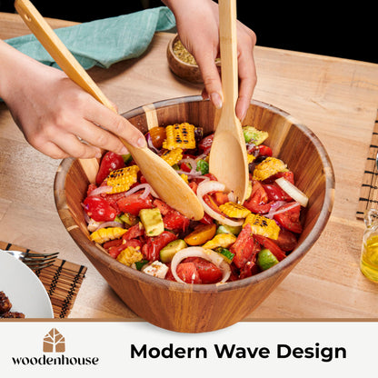 Wooden Salad Bowl, Wood Bowl - 12" Wavy Design Large Salad Bowl for Serving, Fruit Bowls, Handmade, Durable and Stylish Natural Wood Dining Accessory by Woodenhouse