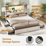 MSmask Farmhouse Queen Bed Frame with Bookcase and Storage Cabinets Headboard, Wood Platform Bed with LED Lights, Charging Station, 4 Drawers, Decoration Footboard, No Box Spring Needed, White MSmask