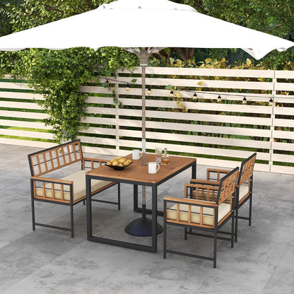 Tangkula 4 Piece Patio Dining Set, Outdoor Wood Dining Furniture W/ 2 Chairs & 1 Loveseat, 47” Acacia Wood Table W/Umbrella Hole, Cozy Seat Cushions, Outside Furniture Set for Backyard, Poolside
