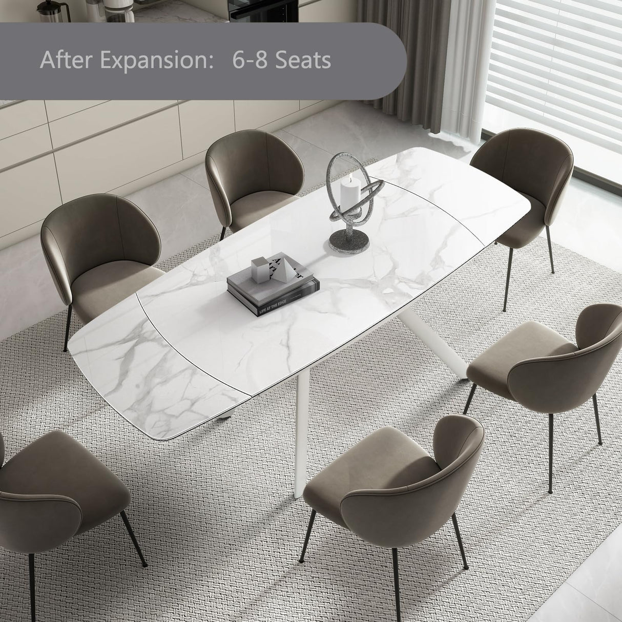 Extendable Dining Table for 6-8 Seat, 55.1'' to 82.7'' Sintered Stone Oval Kitchen Table, Modern Dining Room Table with Rounded Corner for Kitchens, Dining Room, Office Areas(White Glossy Tabletop) SIMTONAL