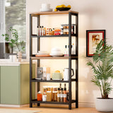 Vlsrka Wooden Bookshelf with Lights, 5 Tier Bookshelf with Storage, Tall Bookcase with Open Shelves, Standing Bookshelves Display Rack for Living Room, Home Office, Black Vlsrka
