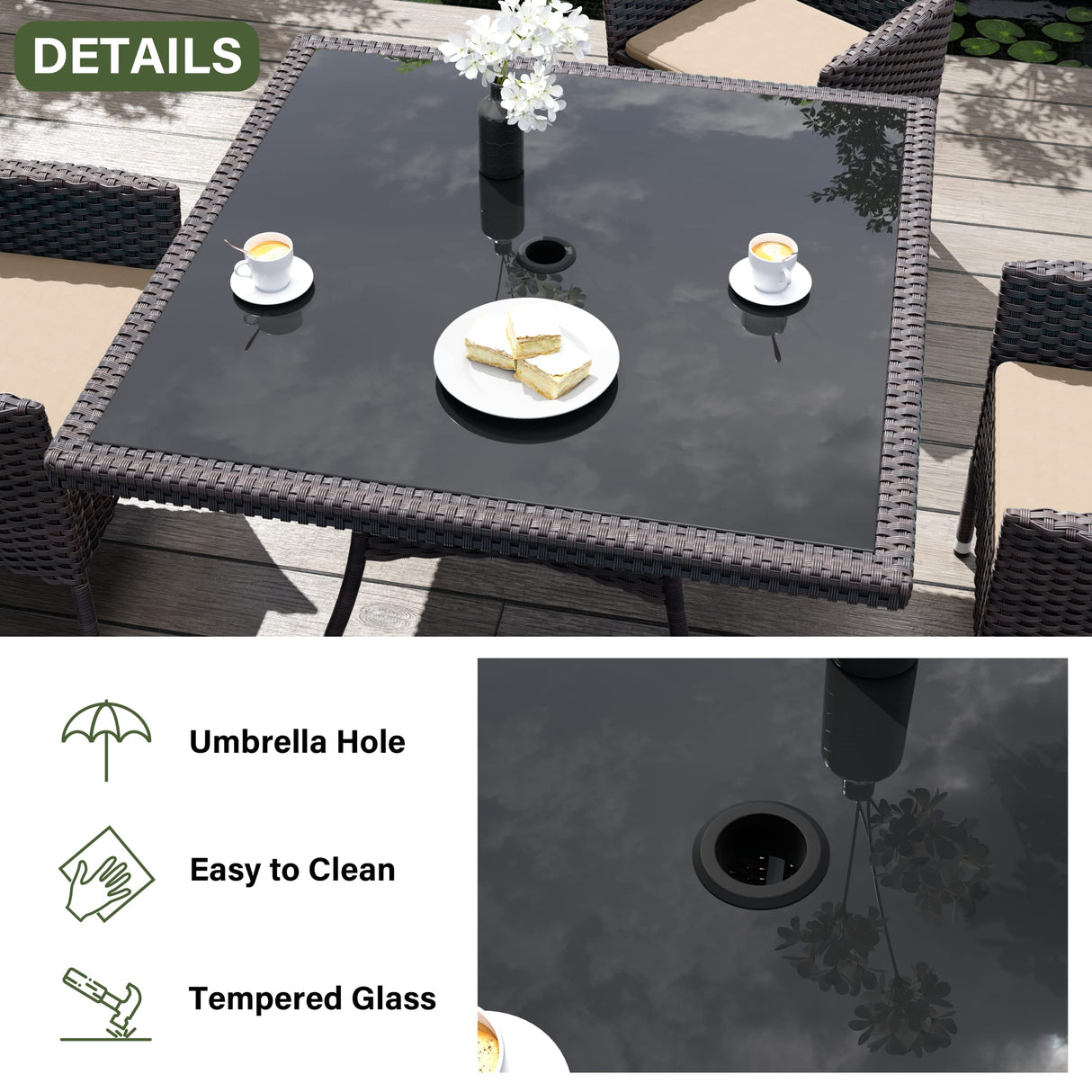 Kurapika 15-Piece Patio Furniture Outdoor Dining Set, Wicker Rattan Table and Chairs, Square Tempered Glass Tabletop With Umbrella Hole, 12 Chairs, Sand Kurapika