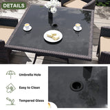 Kurapika 15-Piece Patio Furniture Outdoor Dining Set, Wicker Rattan Table and Chairs, Square Tempered Glass Tabletop With Umbrella Hole, 12 Chairs, Sand Kurapika
