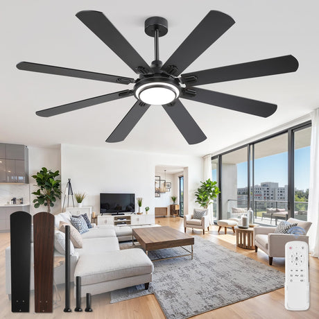 Fanbulous 65 Inch Ceiling Fans with Lights and Remote, Black Ceiling Fan with 8 Dual-Color Blades, Indoor/Outdoor Large Ceiling Fans, Reversible DC Motor, 6-Speed, 3CCT for Living Room Kitchen Patio Fanbulous