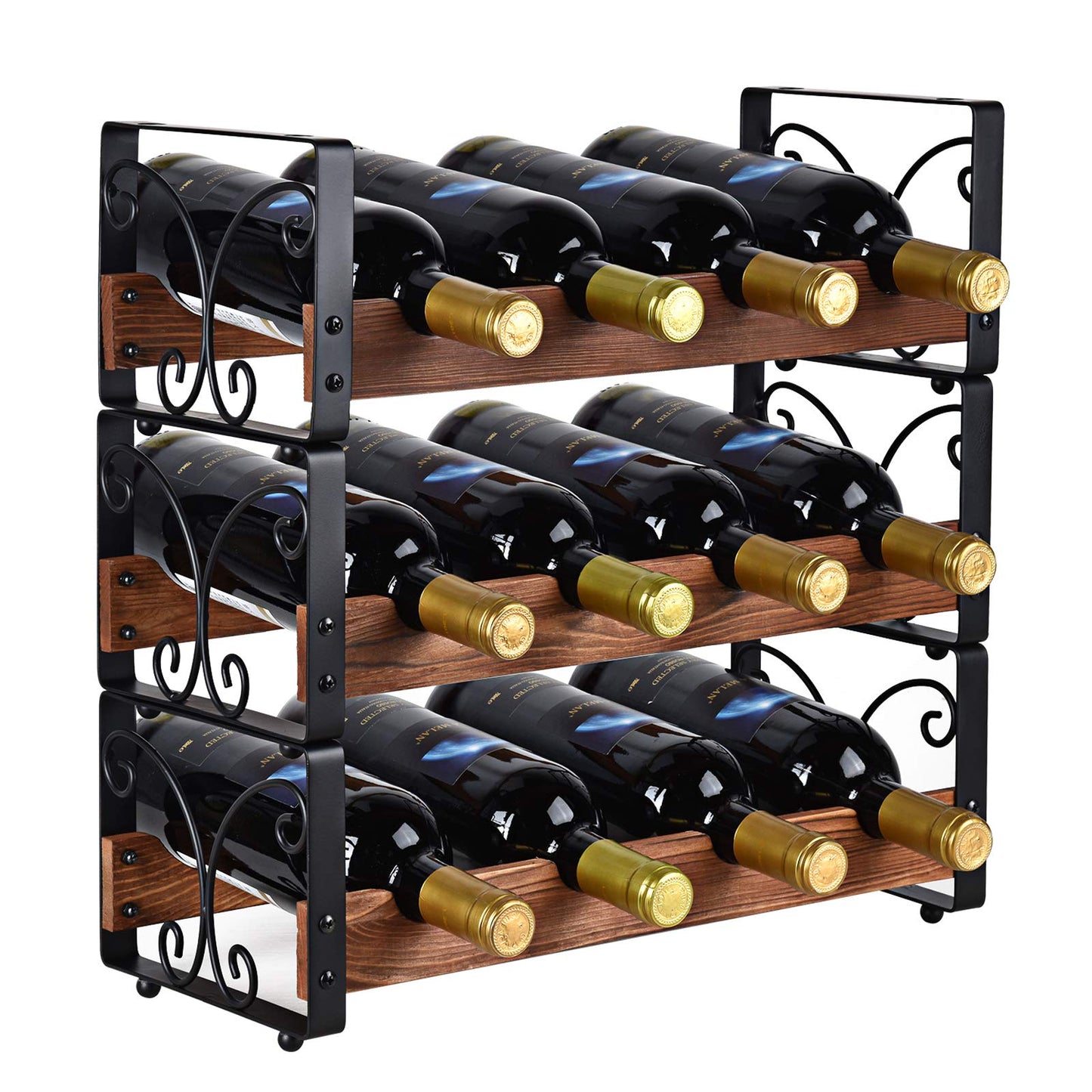 X-cosrack Rustic 3 Tier Stackable Wine Rack Freestanding 12 Bottles Organizer Holder Stand Countertop Liquor Storage Shelf Solid Wood & Iron 17" L x 7.2" W x 16.5" H-Patent Design - WoodArtSupply