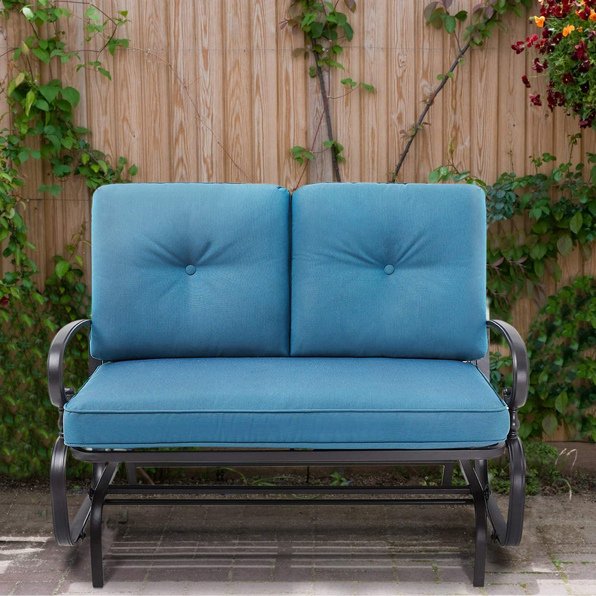 Omelaza Patio Bench, Porch Glider Outdoor Swing Glider Rocking Loveseat, Steel Frame Chair with Thick Cushion (Peacock Blue) Omelaza