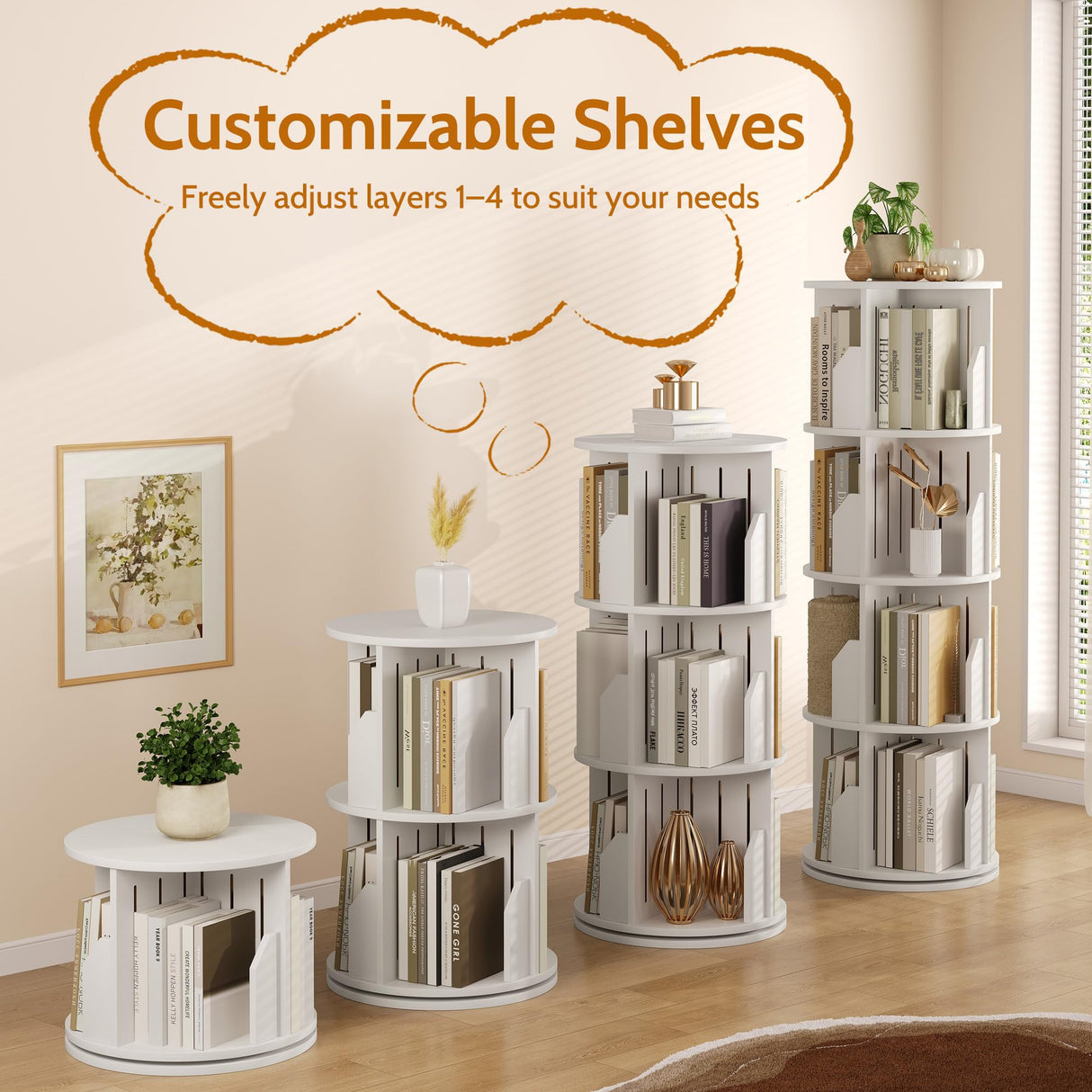 Rotating Bookshelf Tower, 4 Tier Corner Narrow Spinning Bookcase, 360° Revolving Storage Round Book Shelf, Vertical Swivel Lazy Susan Organizer for Kids Rooms Classroom Library Small Space Decor Vividwood