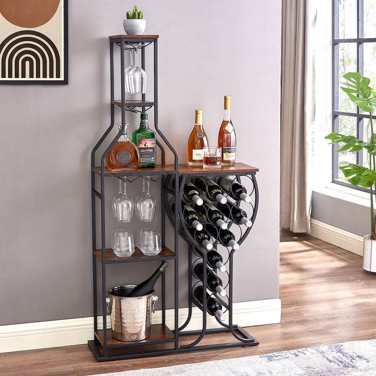 PUDDINER Wine Rack Freestanding Floor, 11 Bottle Wine Racks with Tabletop, Hanging Wine Glass Holder, 5 Tier Wine Bakers Rack, Bar Table Countertop, Wine Storage Shelf for Home, Bar, Kitchen, Brown PUDDINER