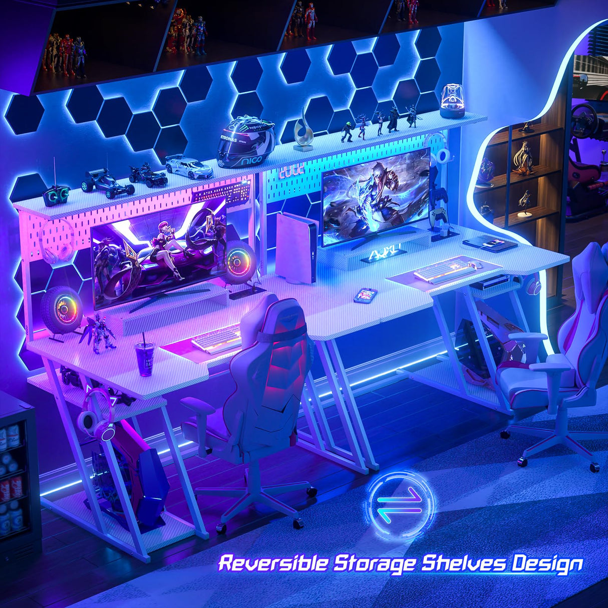 Gaming Computer Desk with Power Outlets, Gaming Desk with Hutch and LED Lights, Reversible PC Gaming Desk with Pegboard, Carbon Fiber White, 47" armocity