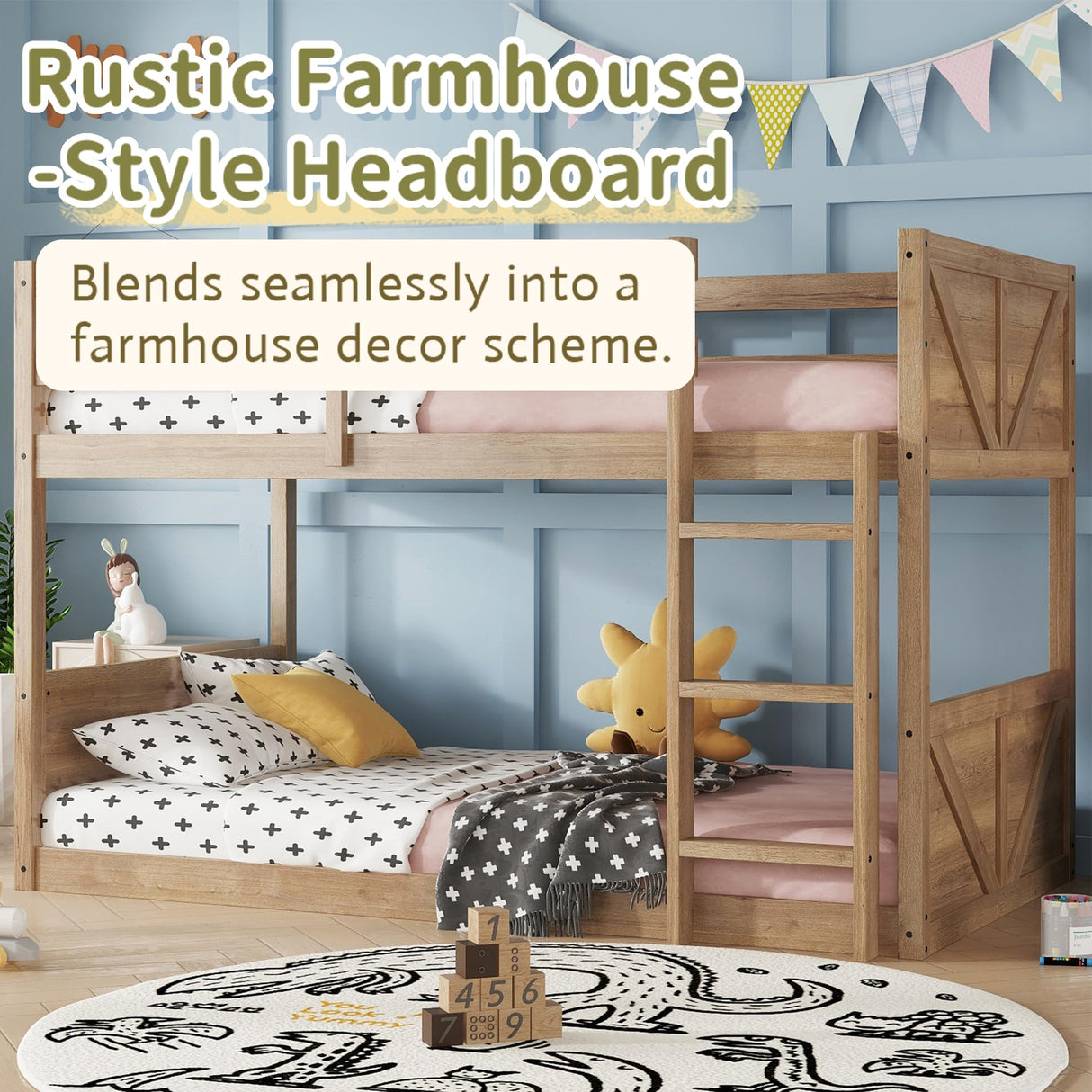 Twin Over Twin Low Bunk Beds with Rustic Headboard & Footboard – Solid Rubber Wood Floor Bunk Bed Frame, No Box Spring Needed, Perfect Small Bunked Frames for Kids, Teens, Boys Girls, Antique Oak Mirightone