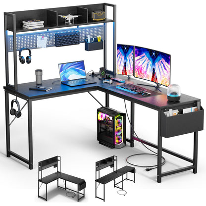 DOMICON Gaming Desk Computer Desk with Storage, L Shaped Desk with Power Outlet & LED Strip, Office Desk with Pegboard, Corner deck for Home Office Black - WoodArtSupply