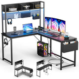 DOMICON Gaming Desk Computer Desk with Storage, L Shaped Desk with Power Outlet & LED Strip, Office Desk with Pegboard, Corner Deck for Home Office Black Wooden Table DOMICON