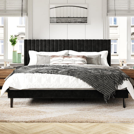 Sismplly King Size Bed Frame with Velvet Upholstered Headboard, Platform Bed with Strong Wood Slats, Mattress Foundation, Box Spring Optional, Easy Assembly, Black Sismplly