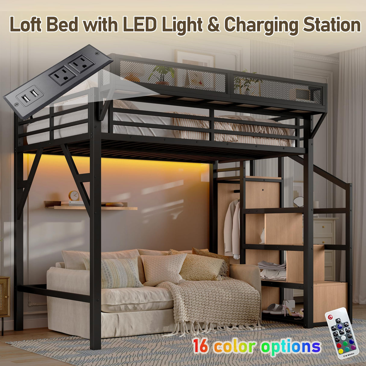 Bellemave Twin XL Loft Bed Frame with Storage Stairs, Beside Shelf & Wardrobe, Metal Loft Bed Twin XL with USB Ports & LED Light, Large Under-Bed Space Loft Beds for Adults, Teens, Kids, Black Natural Bellemave