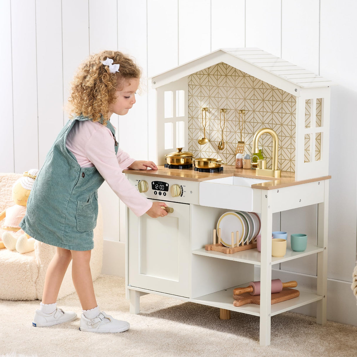 Best Choice Products Pretend Play Wooden Farmhouse Kitchen Set for Kids w/ Toy Storage, Clicking Knobs, Windows, 5 Accessories Included - Cream Best Choice Products