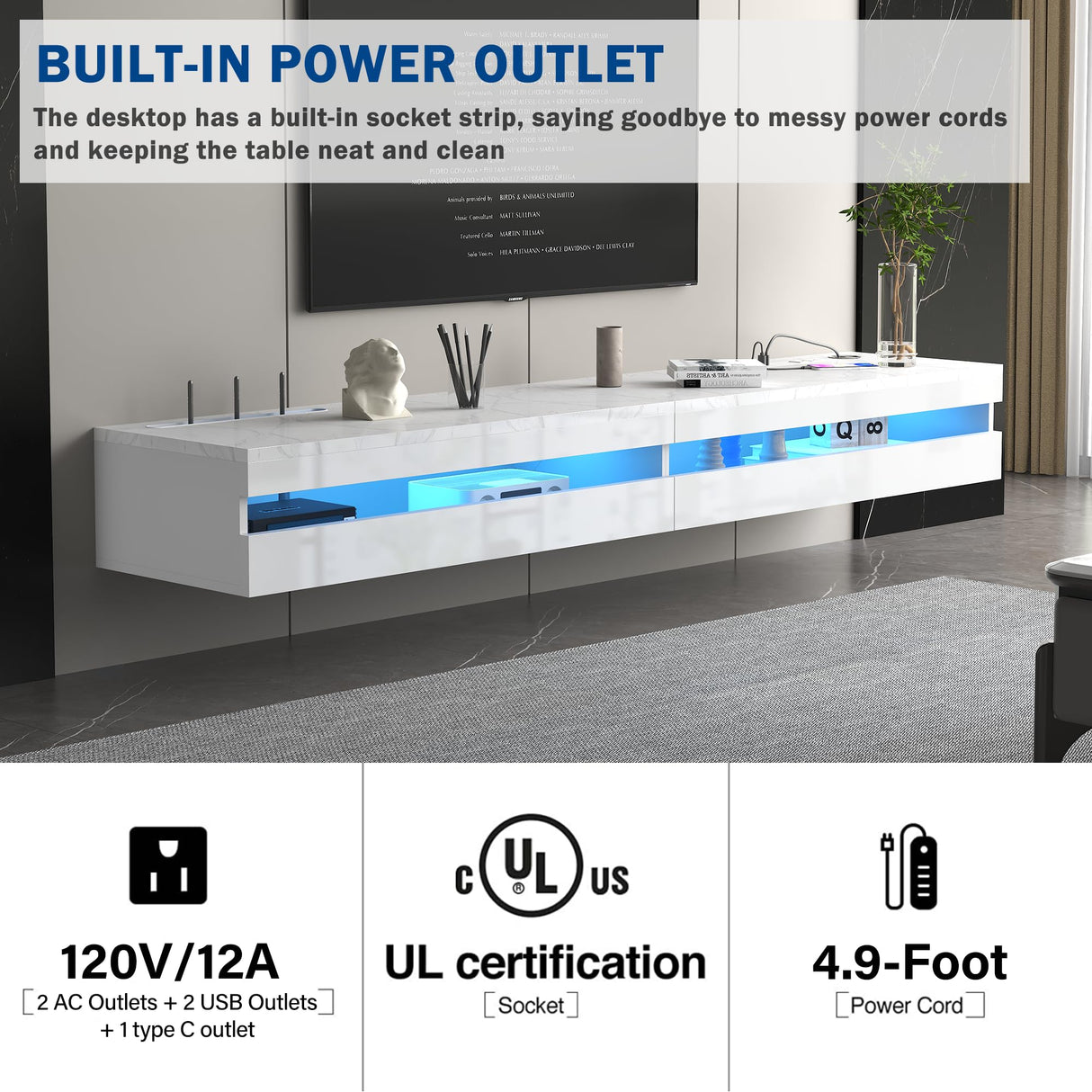EXQUAL Floating TV Stand - 71'' Floating Entertainment Center with LED Light & Charging Station, Floating TV Shelf with Storage for Living Room, Gaming Room, Media Console for 75 INCH TVs EXQUAL