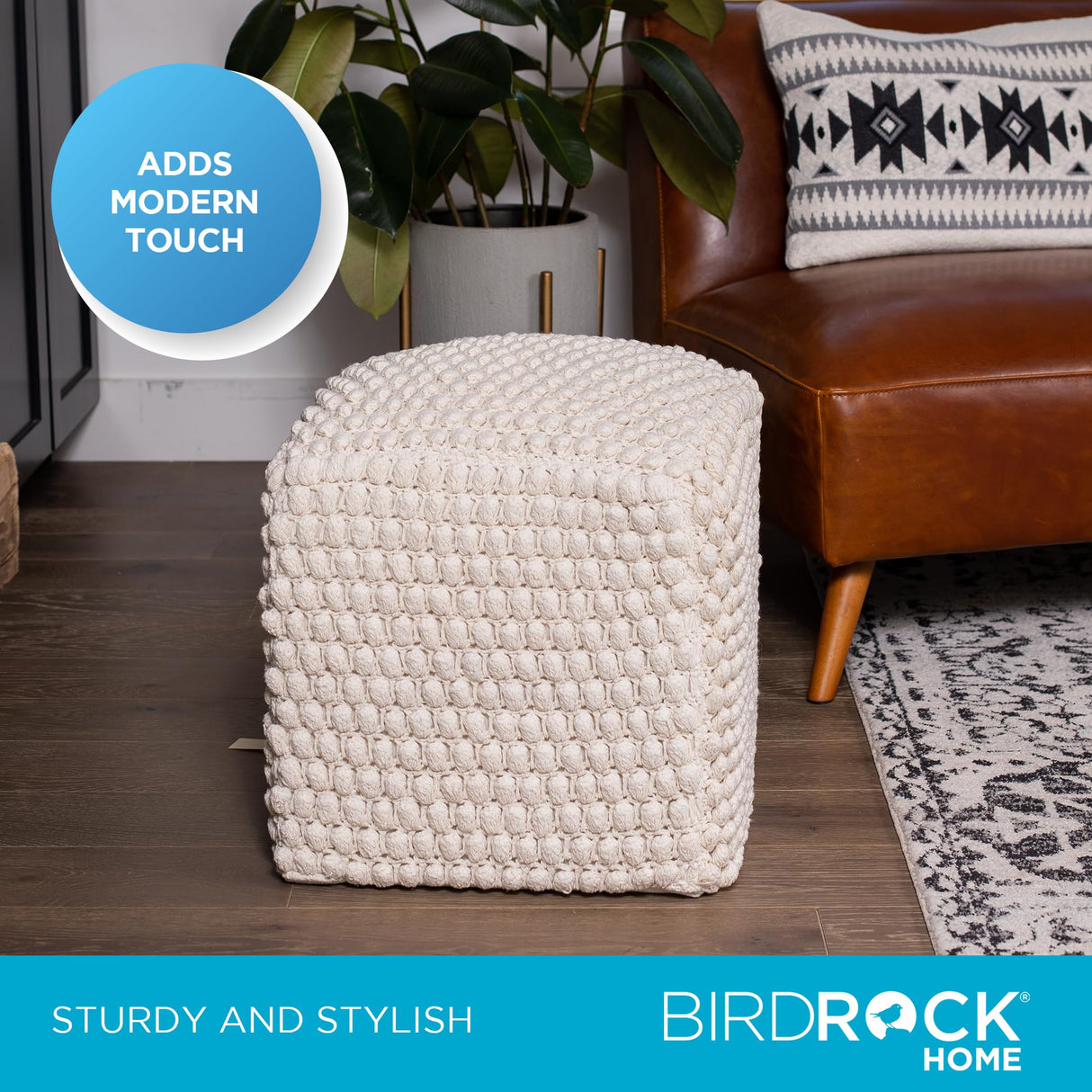 BIRDROCK HOME Buds Pouf Ottoman | Cotton Braided Foot Stool with Bead Filling | Boho Foot Rest for Living Room & Bedroom | Oversized, Sturdy & Comfortable Seating, Lightweight & Soft | Natural BIRDROCK HOME