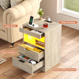 Gadroad LED Nightstand with Charging Station, Bedside Table with 3 Drawers and LED Lights, End Table Sofa Couch Side Table with Pull-Out Shelf, Grey Gadroad