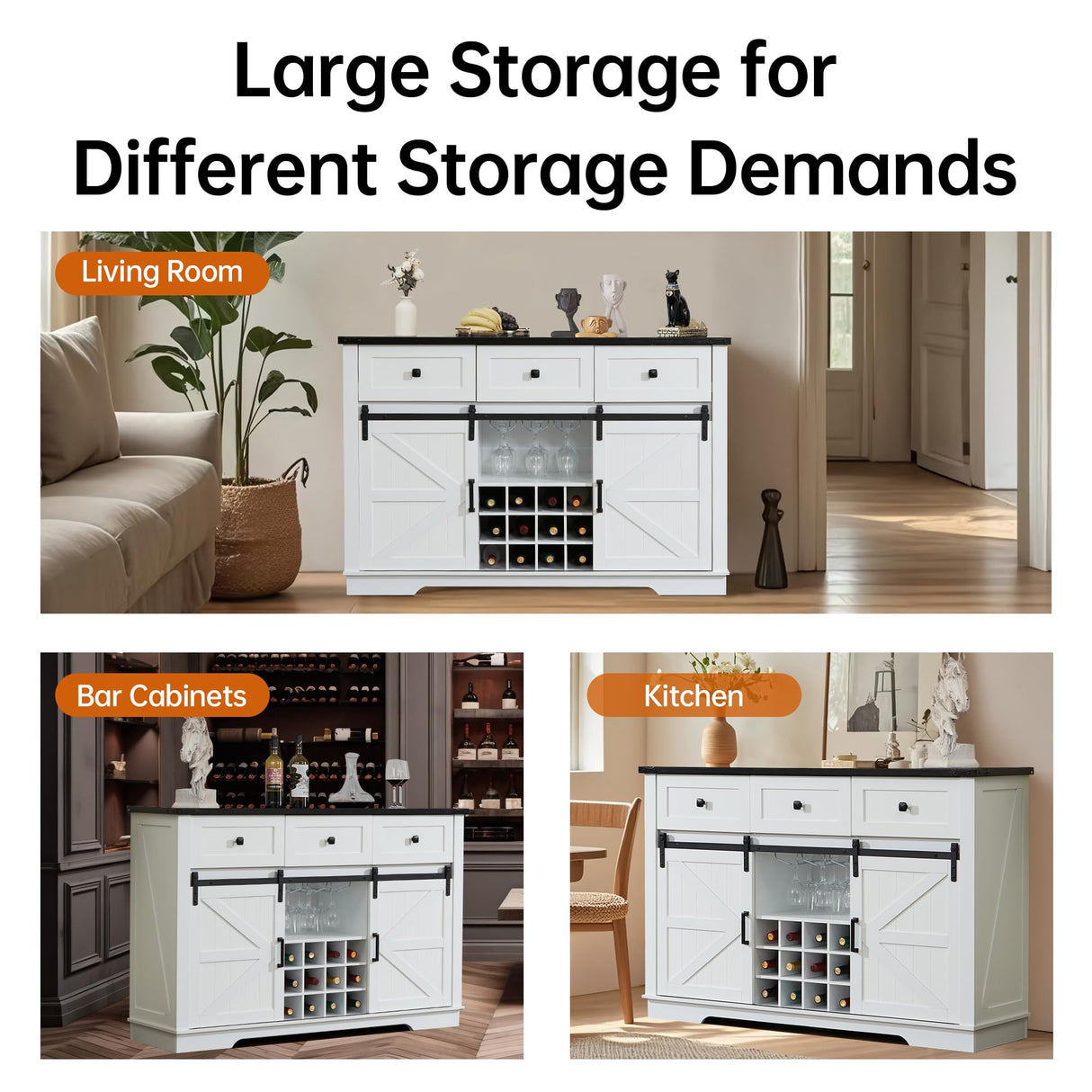 Winlice Buffet Cabinet w/Storage, Large 54" Farmhouse Wine & Coffee Bar Cabinet w/Sliding Barn Doors, Wine Rack, Rustic Large Buffet Sideboard w/3 Drawers for Living, Dining Room, White Winlice