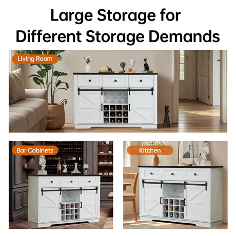 Winlice Buffet Cabinet w/Storage, Large 54" Farmhouse Wine & Coffee Bar Cabinet w/Sliding Barn Doors, Wine Rack, Rustic Large Buffet Sideboard w/3 Drawers for Living, Dining Room, White Winlice