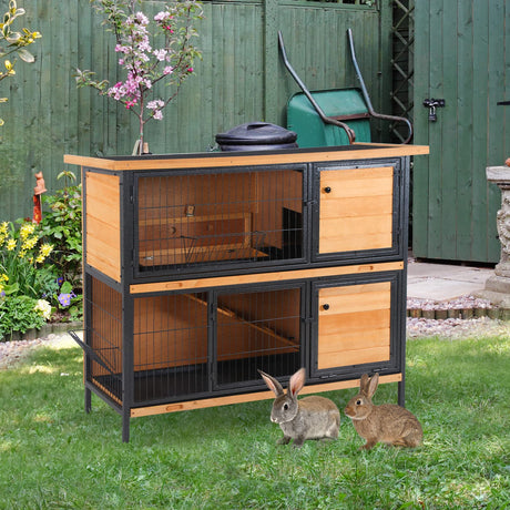 PawHut 48" 2-Story Large Rabbit Hutch Bunny Cage Wooden Pet House Metal Frame with Individual Room, Ramp, No Leak Tray, Feeding Trough, Waterproof Asphalt Roof for Outdoor/Indoor PawHut